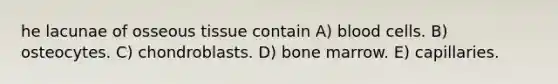 he lacunae of osseous tissue contain A) blood cells. B) osteocytes. C) chondroblasts. D) bone marrow. E) capillaries.