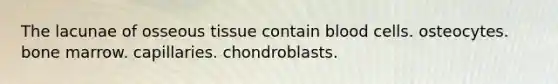 The lacunae of osseous tissue contain blood cells. osteocytes. bone marrow. capillaries. chondroblasts.