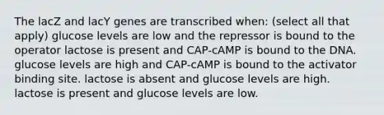 The lacZ and lacY genes are transcribed when: (select all that apply) glucose levels are low and the repressor is bound to the operator lactose is present and CAP-cAMP is bound to the DNA. glucose levels are high and CAP-cAMP is bound to the activator binding site. lactose is absent and glucose levels are high. lactose is present and glucose levels are low.