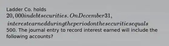 Ladder Co. holds 20,000 in debt securities. On December 31, interest earned during the period on the securities equals500. The journal entry to record interest earned will include the following accounts?