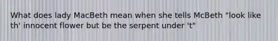 What does lady MacBeth mean when she tells McBeth "look like th' innocent flower but be the serpent under 't"