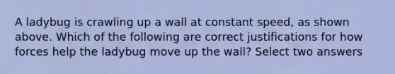 A ladybug is crawling up a wall at constant speed, as shown above. Which of the following are correct justifications for how forces help the ladybug move up the wall? Select two answers