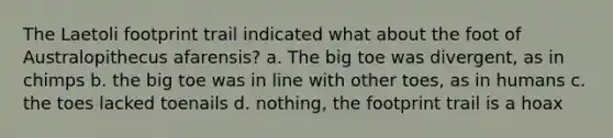 The Laetoli footprint trail indicated what about the foot of Australopithecus afarensis? a. The big toe was divergent, as in chimps b. the big toe was in line with other toes, as in humans c. the toes lacked toenails d. nothing, the footprint trail is a hoax