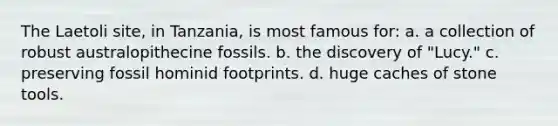 The Laetoli site, in Tanzania, is most famous for: a. a collection of robust australopithecine fossils. b. the discovery of "Lucy." c. preserving fossil hominid footprints. d. huge caches of stone tools.