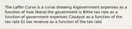 The Laffer Curve is a curve showing A)government expenses as a function of how liberal the government is B)the tax rate as a function of government expenses C)output as a function of the tax rate D) tax revenue as a function of the tax rate