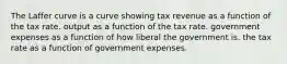 The Laffer curve is a curve showing tax revenue as a function of the tax rate. output as a function of the tax rate. government expenses as a function of how liberal the government is. the tax rate as a function of government expenses.