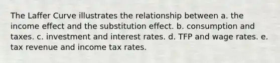 The Laffer Curve illustrates the relationship between a. the income effect and the substitution effect. b. consumption and taxes. c. investment and interest rates. d. TFP and wage rates. e. tax revenue and income tax rates.