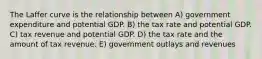 The Laffer curve is the relationship between A) government expenditure and potential GDP. B) the tax rate and potential GDP. C) tax revenue and potential GDP. D) the tax rate and the amount of tax revenue. E) government outlays and revenues