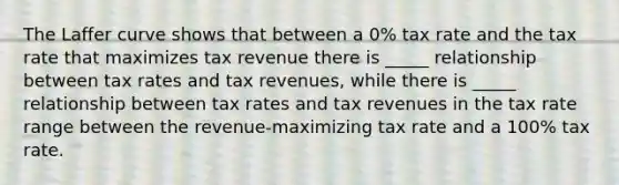 The Laffer curve shows that between a 0% tax rate and the tax rate that maximizes tax revenue there is _____ relationship between tax rates and tax revenues, while there is _____ relationship between tax rates and tax revenues in the tax rate range between the revenue-maximizing tax rate and a 100% tax rate.