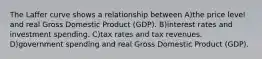 The Laffer curve shows a relationship between A)the price level and real Gross Domestic Product (GDP). B)interest rates and investment spending. C)tax rates and tax revenues. D)government spending and real Gross Domestic Product (GDP).