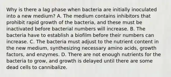 Why is there a lag phase when bacteria are initially inoculated into a new medium? A. The medium contains inhibitors that prohibit rapid growth of the bacteria, and these must be inactivated before bacterial numbers will increase. B. The bacteria have to establish a biofilm before their numbers can increase. C. The bacteria must adjust to the nutrient content in the new medium, synthesizing necessary amino acids, growth factors, and enzymes. D. There are not enough nutrients for the bacteria to grow, and growth is delayed until there are some dead cells to cannibalize.