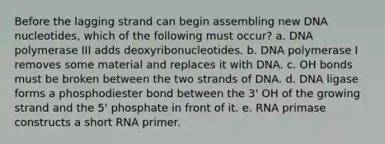 Before the lagging strand can begin assembling new DNA nucleotides, which of the following must occur? a. DNA polymerase III adds deoxyribonucleotides. b. DNA polymerase I removes some material and replaces it with DNA. c. OH bonds must be broken between the two strands of DNA. d. DNA ligase forms a phosphodiester bond between the 3' OH of the growing strand and the 5' phosphate in front of it. e. RNA primase constructs a short RNA primer.