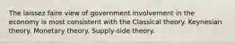 The laissez faire view of government involvement in the economy is most consistent with the Classical theory. Keynesian theory. Monetary theory. Supply-side theory.