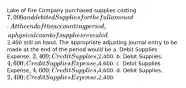 Lake of Fire Company purchased supplies costing 7,000 and debited Supplies for the full amount. At the end of the accounting period, a physical count of supplies revealed2,400 still on hand. The appropriate adjusting journal entry to be made at the end of the period would be a. Debit Supplies Expense, 2,400; Credit Supplies,2,400. b. Debit Supplies, 4,600; Credit Supplies Expense,4,600. c. Debit Supplies Expense, 4,600; Credit Supplies,4,600. d. Debit Supplies, 2,400; Credit Supplies Expense,2,400.