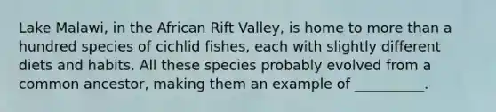 Lake Malawi, in the African Rift Valley, is home to <a href='https://www.questionai.com/knowledge/keWHlEPx42-more-than' class='anchor-knowledge'>more than</a> a hundred species of cichlid fishes, each with slightly different diets and habits. All these species probably evolved from a common ancestor, making them an example of __________.