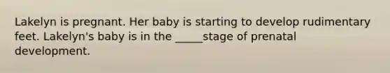 Lakelyn is pregnant. Her baby is starting to develop rudimentary feet. Lakelyn's baby is in the _____stage of prenatal development.