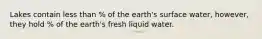 Lakes contain less than % of the earth's surface water, however, they hold % of the earth's fresh liquid water.