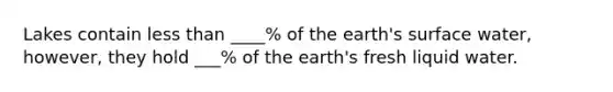 Lakes contain less than ____% of the earth's surface water, however, they hold ___% of the earth's fresh liquid water.