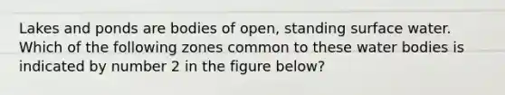 Lakes and ponds are bodies of open, standing surface water. Which of the following zones common to these water bodies is indicated by number 2 in the figure below?