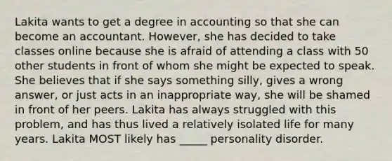 Lakita wants to get a degree in accounting so that she can become an accountant. However, she has decided to take classes online because she is afraid of attending a class with 50 other students in front of whom she might be expected to speak. She believes that if she says something silly, gives a wrong answer, or just acts in an inappropriate way, she will be shamed in front of her peers. Lakita has always struggled with this problem, and has thus lived a relatively isolated life for many years. Lakita MOST likely has _____ personality disorder.