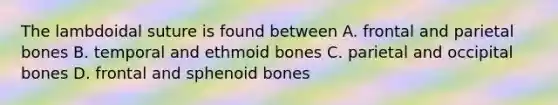 The lambdoidal suture is found between A. frontal and parietal bones B. temporal and ethmoid bones C. parietal and occipital bones D. frontal and sphenoid bones