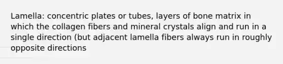 Lamella: concentric plates or tubes, layers of bone matrix in which the collagen fibers and mineral crystals align and run in a single direction (but adjacent lamella fibers always run in roughly opposite directions