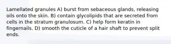 Lamellated granules A) burst from sebaceous glands, releasing oils onto the skin. B) contain glycolipids that are secreted from cells in the stratum granulosum. C) help form keratin in fingernails. D) smooth the cuticle of a hair shaft to prevent split ends.