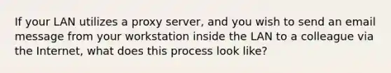 If your LAN utilizes a proxy server, and you wish to send an email message from your workstation inside the LAN to a colleague via the Internet, what does this process look like?