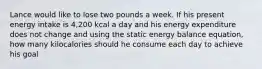 Lance would like to lose two pounds a week. If his present energy intake is 4,200 kcal a day and his energy expenditure does not change and using the static energy balance equation, how many kilocalories should he consume each day to achieve his goal