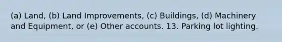 (a) Land, (b) Land Improvements, (c) Buildings, (d) Machinery and Equipment, or (e) Other accounts. 13. Parking lot lighting.