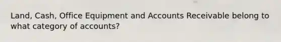 Land, Cash, Office Equipment and Accounts Receivable belong to what category of​ accounts?