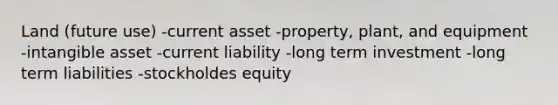 Land (future use) -current asset -property, plant, and equipment -intangible asset -current liability -long term investment -long term liabilities -stockholdes equity