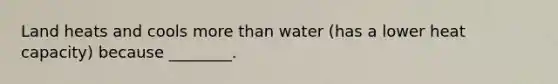 Land heats and cools more than water (has a lower heat capacity) because ________.