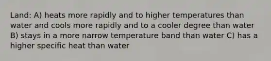 Land: A) heats more rapidly and to higher temperatures than water and cools more rapidly and to a cooler degree than water B) stays in a more narrow temperature band than water C) has a higher specific heat than water