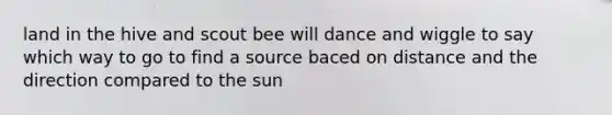 land in the hive and scout bee will dance and wiggle to say which way to go to find a source baced on distance and the direction compared to the sun