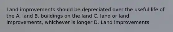 Land improvements should be depreciated over the useful life of the A. land B. buildings on the land C. land or land improvements, whichever is longer D. Land improvements