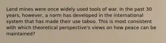 Land mines were once widely used tools of war. In the past 30 years, however, a norm has developed in the international system that has made their use taboo. This is most consistent with which theoretical perspective's views on how peace can be maintained?