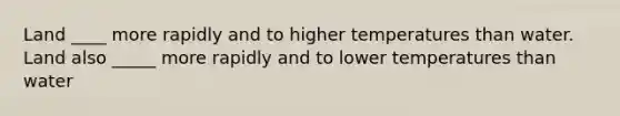 Land ____ more rapidly and to higher temperatures than water. Land also _____ more rapidly and to lower temperatures than water