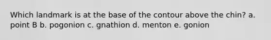 Which landmark is at the base of the contour above the chin? a. point B b. pogonion c. gnathion d. menton e. gonion