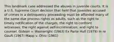 This landmark case addressed the abuses in juvenile courts. It is a U.S. Supreme Court decision that held that juveniles accused of crimes in a delinquency proceeding must be afforded many of the same due process rights as adults, such as the right to timely notification of the charges, the right to confront witnesses, the right against self-incrimination, and right to counsel. Gideon v. Wainwright (1963) Ex Parte Hull (1979) In re Gault (1967) Mapp v. Ohio (1961)