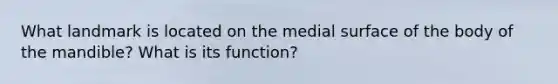 What landmark is located on the medial surface of the body of the mandible? What is its function?