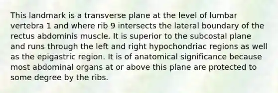 This landmark is a transverse plane at the level of lumbar vertebra 1 and where rib 9 intersects the lateral boundary of the rectus abdominis muscle. It is superior to the subcostal plane and runs through the left and right hypochondriac regions as well as the epigastric region. It is of anatomical significance because most abdominal organs at or above this plane are protected to some degree by the ribs.