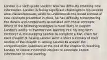 Landon is a sixth grade student who has difficulty retaining new information. Landon is facing significant challenges in his content area classes because, while he understands the broad context of new concepts presented in class, he has difficulty remembering the details and components associated with those concepts. Which of the following strategies is most likely to support Landon's ability to transfer new learning into his long term memory? A. encouraging Landon to complete a KWL chart for each chapter B. having Landon write a short summary of each section of the chapter C. asking Landon to answer the comprehension questions at the end of the chapter D. teaching Landon to create mnemonic devices to associate known information to new learning