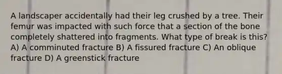 A landscaper accidentally had their leg crushed by a tree. Their femur was impacted with such force that a section of the bone completely shattered into fragments. What type of break is this? A) A comminuted fracture B) A fissured fracture C) An oblique fracture D) A greenstick fracture