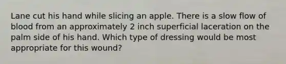 Lane cut his hand while slicing an apple. There is a slow flow of blood from an approximately 2 inch superficial laceration on the palm side of his hand. Which type of dressing would be most appropriate for this wound?