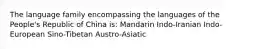 The language family encompassing the languages of the People's Republic of China is: Mandarin Indo-Iranian Indo-European Sino-Tibetan Austro-Asiatic