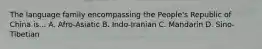 The language family encompassing the People's Republic of China is... A. Afro-Asiatic B. Indo-Iranian C. Mandarin D. Sino-Tibetian
