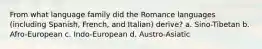 From what language family did the Romance languages (including Spanish, French, and Italian) derive? a. Sino-Tibetan b. Afro-European c. Indo-European d. Austro-Asiatic