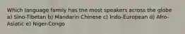 Which language family has the most speakers across the globe a) Sino-Tibetan b) Mandarin Chinese c) Indo-European d) Afro-Asiatic e) Niger-Congo