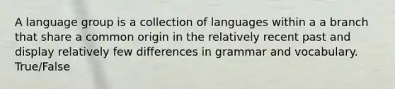 A language group is a collection of languages within a a branch that share a common origin in the relatively recent past and display relatively few differences in grammar and vocabulary. True/False